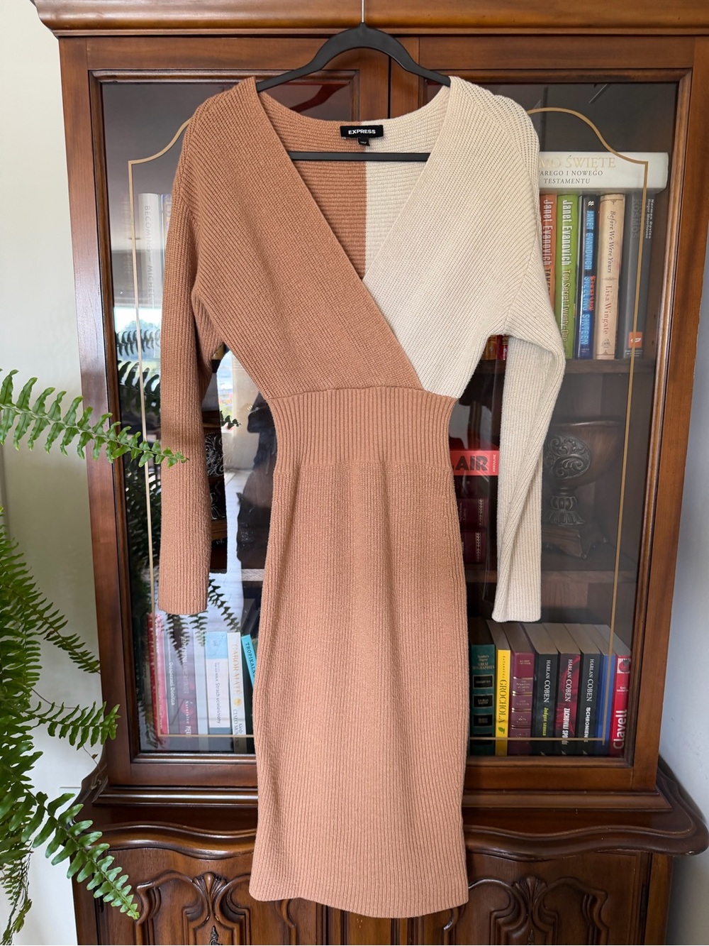 Express Two-Tone Ribbed Wrap Dress - Camel & Cream